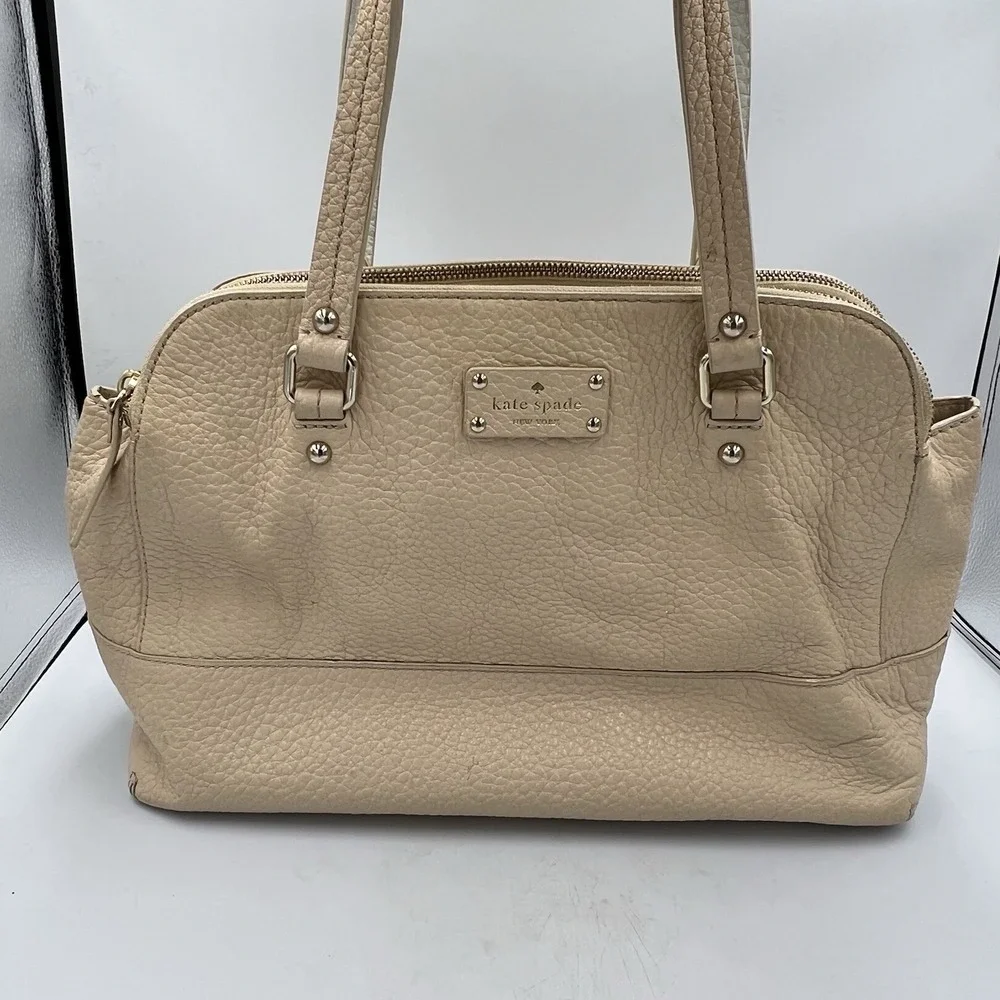 Kate Spade Pebbled‎ Leather Satchel Tote Bag Beige Zip Top Shoulder Purse